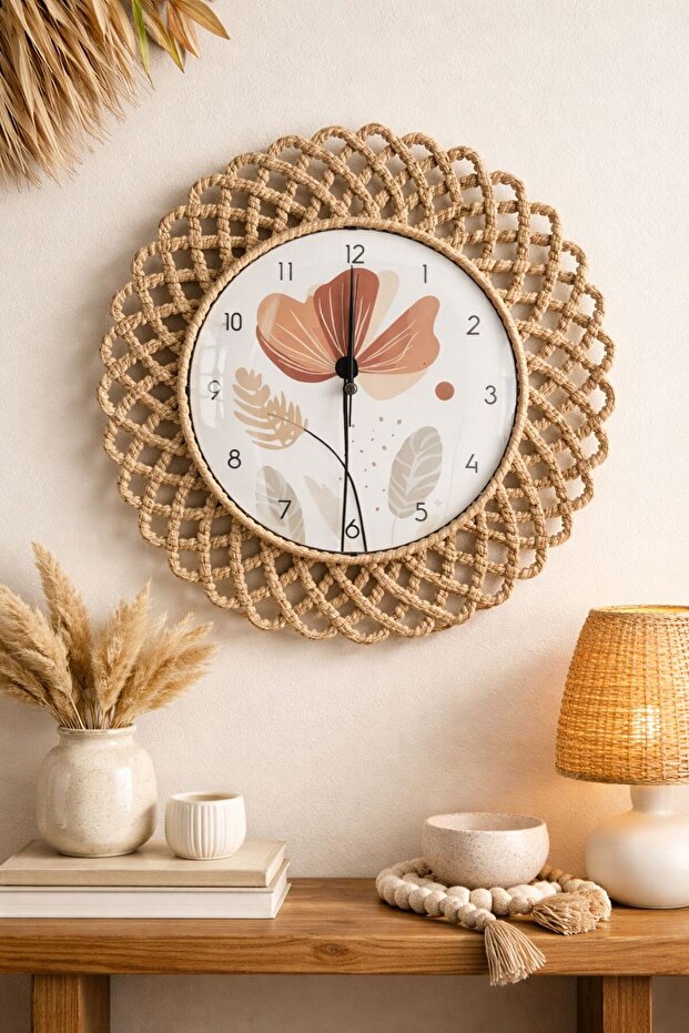 home inn Bohem Hasır Çerçeveli Duvar Saati – Modern Görünümlü Dekoratif Salon Saati – 43 cm