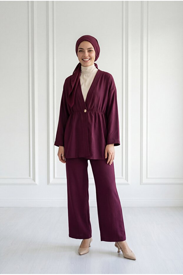 Toprak Single Button Gathered Waist Trousers Suit-Zş7079 Claret Red