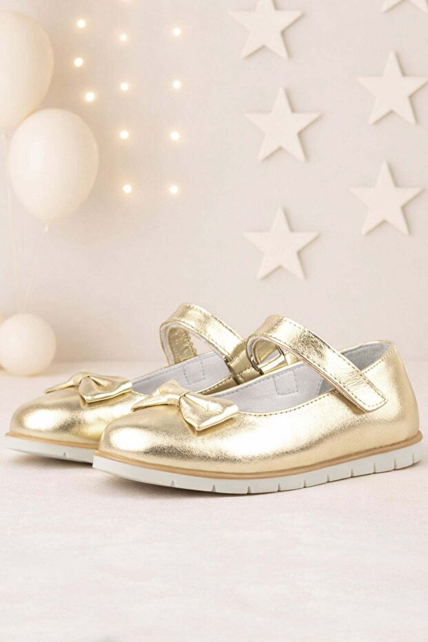 Genuine Leather Girl's Ballerinas with Gold Bow and Velcro
