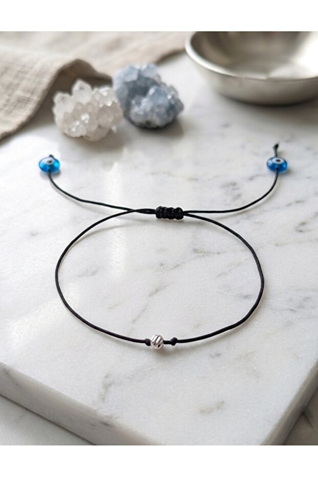 Adjustable Black String Bracelet with Dorika Blue Glass Evil Eye Beads