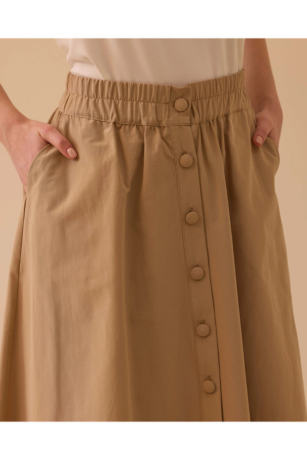 Elastik Bel Düğmeli Cepli Etek - 5