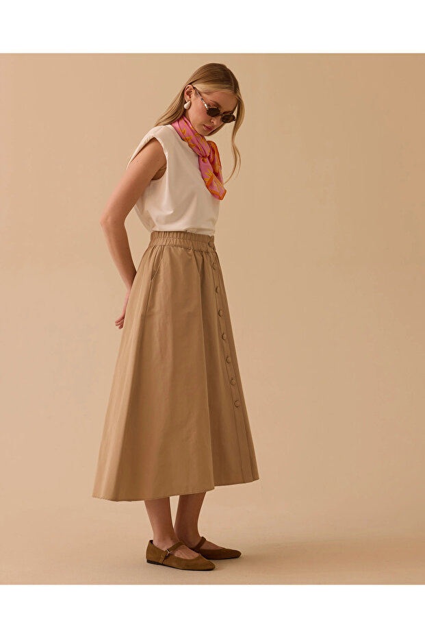 Elastik Bel Düğmeli Cepli Etek - 3
