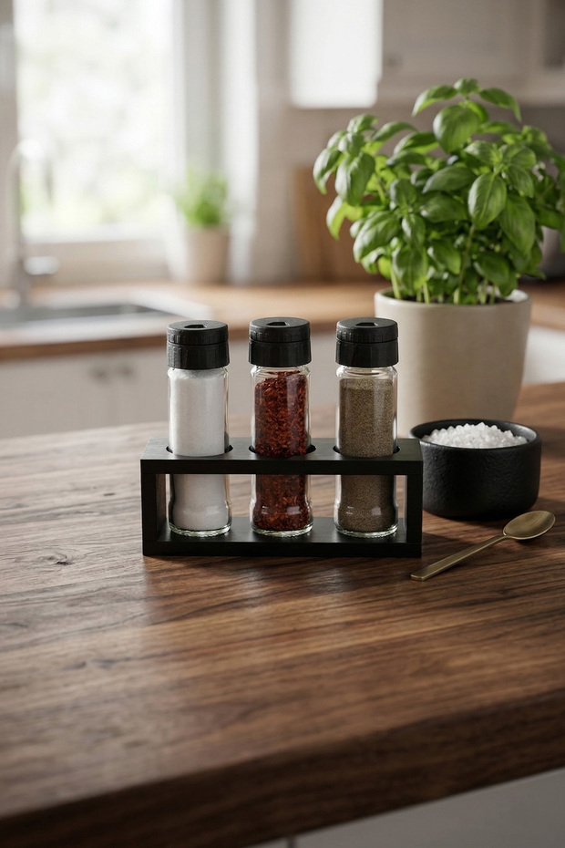 3-Piece Glass Salt and Pepper Shaker Set - with Black Wooden Stand
