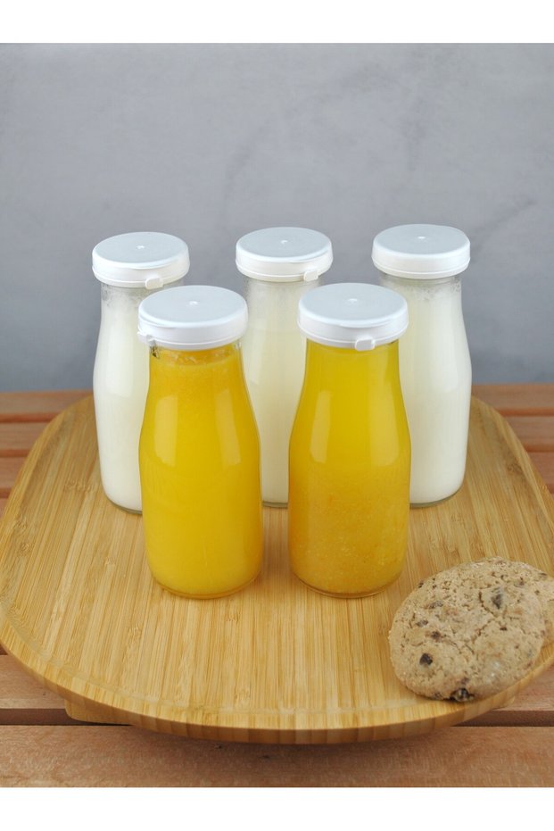 5 Pcs Glass Bottle with White Plastic Cap 200 ml Transparent Jug Milk, Ayran, Water, Lemonade Soft Drink Bottle