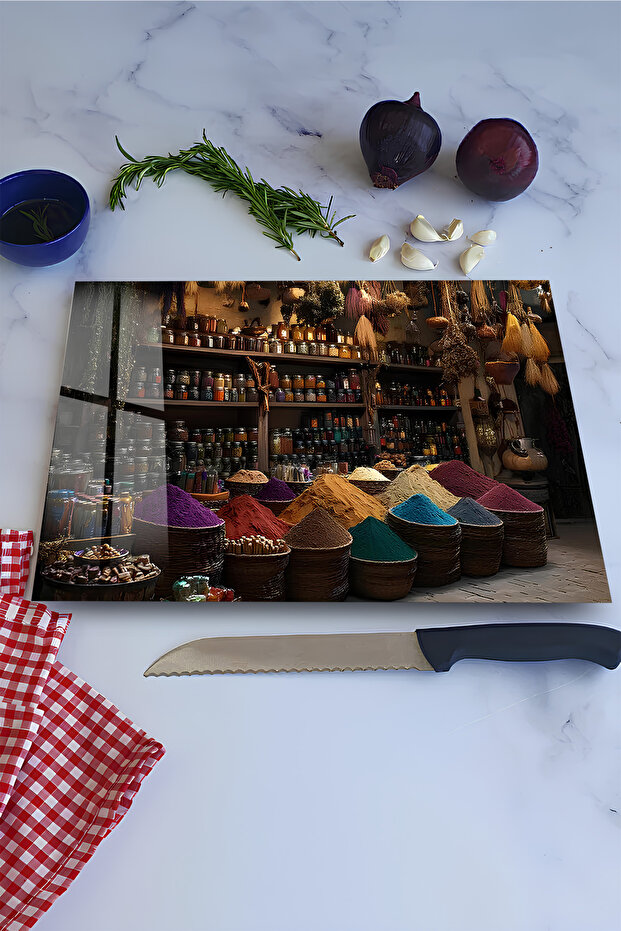 Spice Market Patterned Tempered Glass Cutting Board Uv Printing in 30X40 cm Size - Bckt053