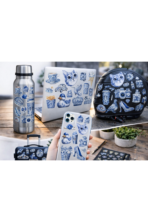 Blue Tile Mixed Aesthetic Sticker Set – Cat, Bird, Vintage Objects | 22X30 cm