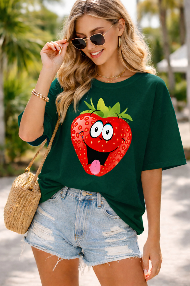 Cartoon Strawberry Printed Unisex Oversized T-Shirt - Fun Fruit Graphic Design Casual T-Shirt