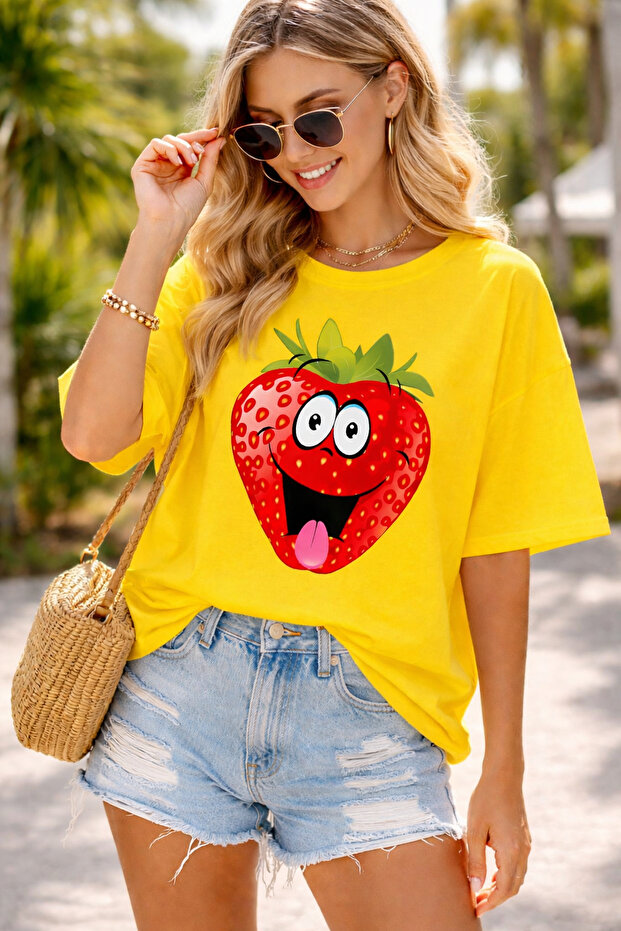 Cartoon Strawberry Printed Unisex Oversized T-Shirt - Fun Fruit Graphic Design Casual T-Shirt