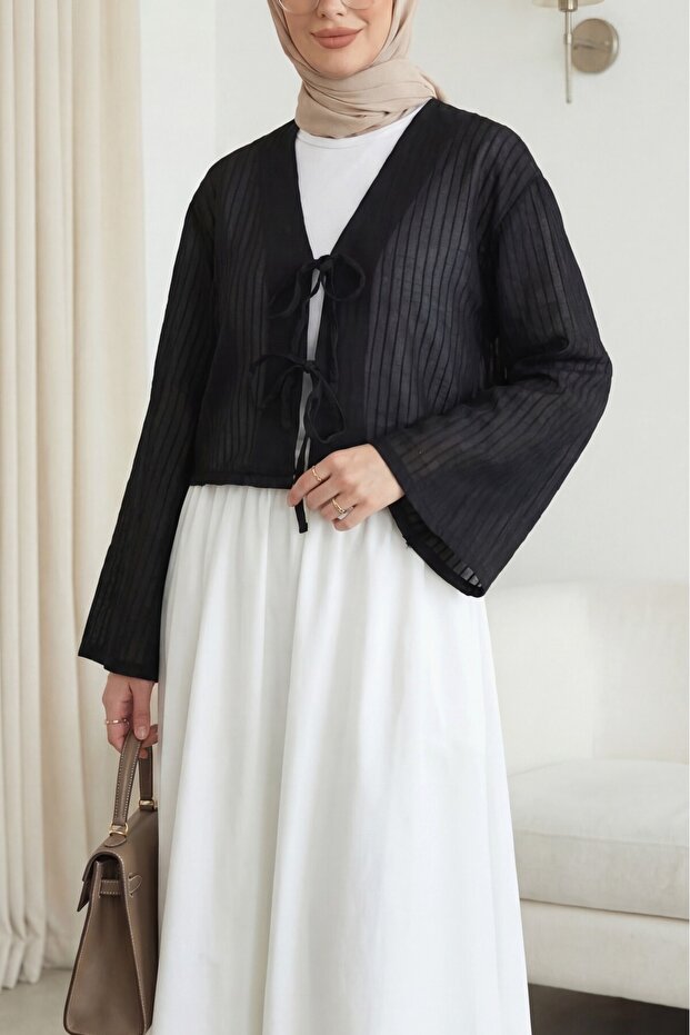 Lace-Up Front Semi Sheer Volan Sleeve Blouse - Black