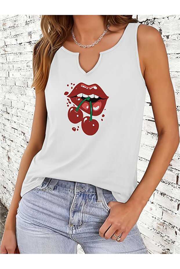Women's Cherry Lip Printed Half V-Neck Sleeveless Regular Fit Casual T-Shirt