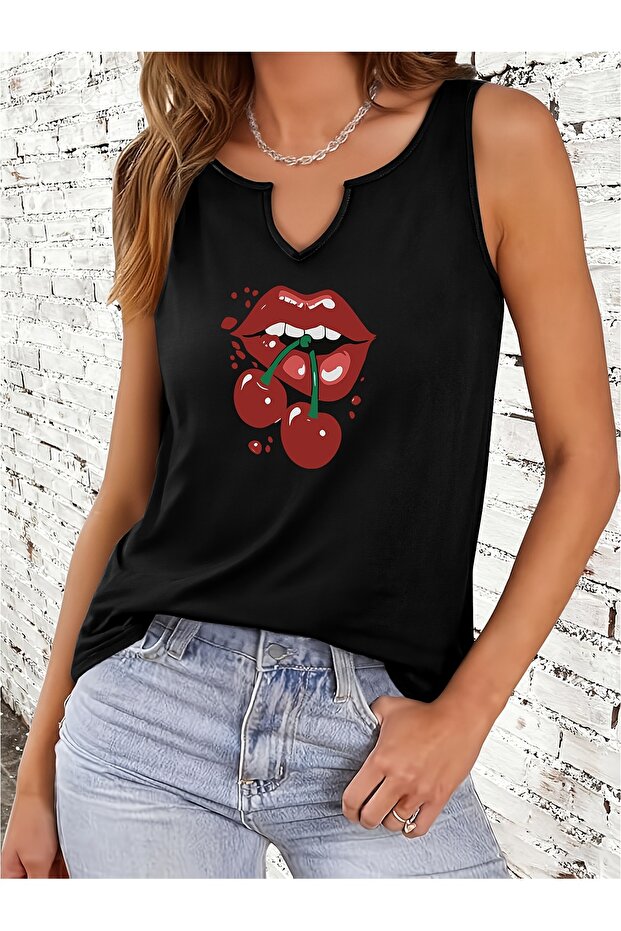 Women's Cherry Lip Printed Half V-Neck Sleeveless Regular Fit Casual T-Shirt