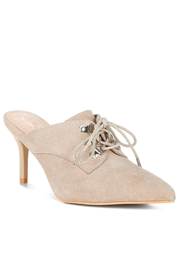 Women Genuine Suede Leather Stiletto Mules In Beige