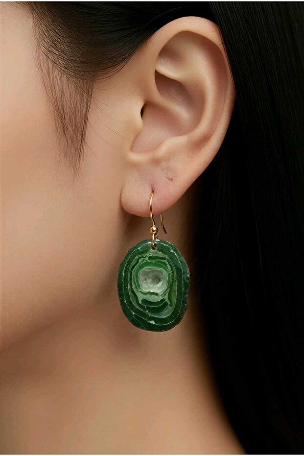 Green Natural Stone Look Polymer Clay & Epoxy Design Earrings (Stainless Steel Nails)