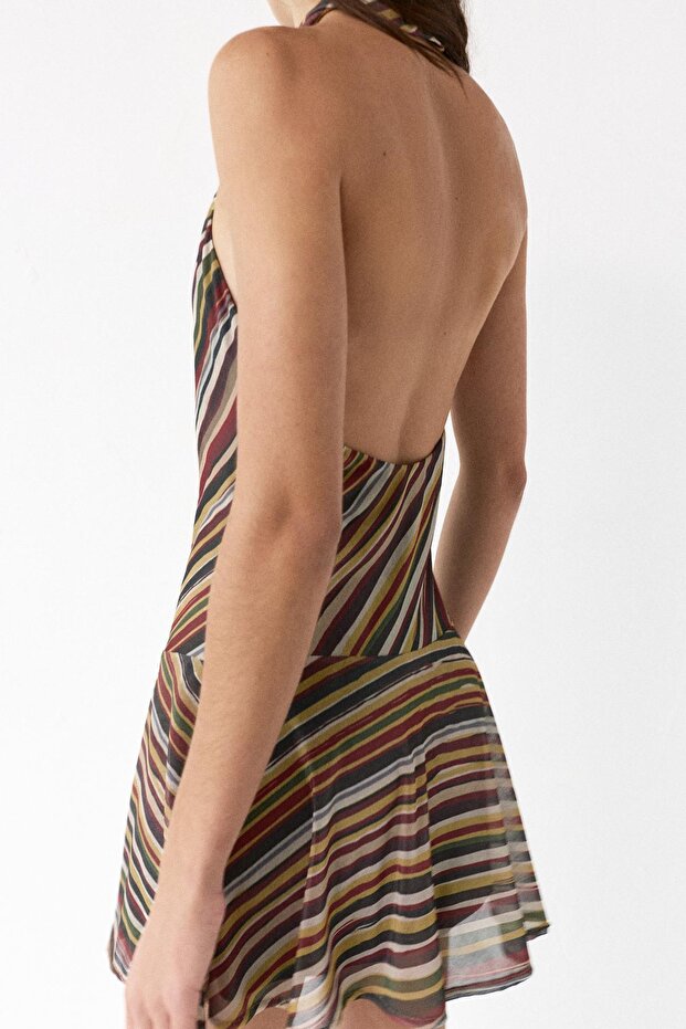 Kısa halter çizgili elbise - 5