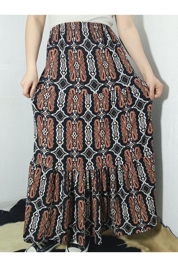 Bürümcük Fabric Bohemian, Ethnic Printed Long Skirt, Elastic Waist, 3 Layers of Ruffles Mevlana