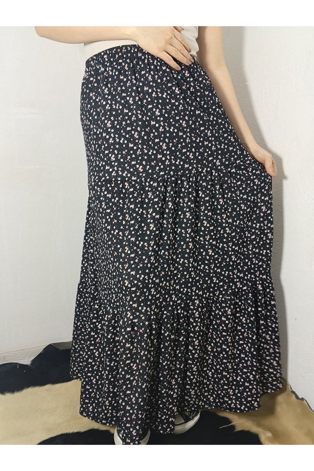 Bürümcük Fabric Bohemian, Ethnic Printed Long Skirt, Elastic Waist, 3 Layers of Ruffles Mevlana