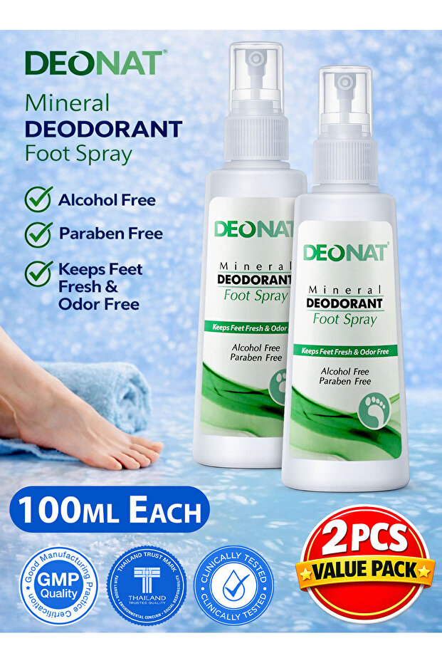 2 Pack Natural Mineral Deodorant Foot Spray 100ml Eliminates Odor Causing Bacteria