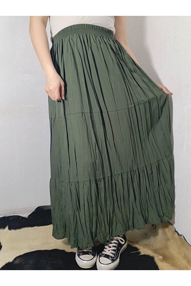 Elastic Waist 3-Layer Ruffled Viscose Fabric Skirt, Mevlana Long Cotton Skirt