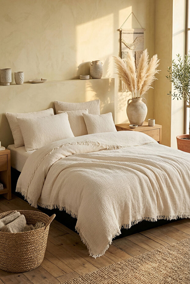 Ecru 4 Layer Muslin Double Bedspread 220X230 cm 100% Cotton Sofa Cover Tv Blanket
