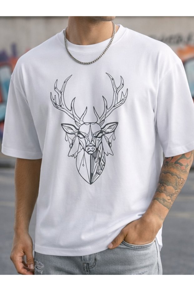Men's Deer Printed White T-Shirt 100% Cotton Minimal Streetwear Graphic Tee