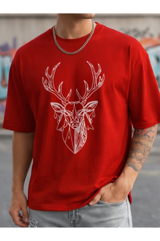 Men's Deer Printed Red T-Shirt 100% Cotton Minimal Streetwear Graphic Tee
