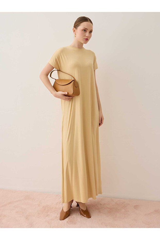 Viscose Fabric Short Sleeve Hijab Dress - Nude -