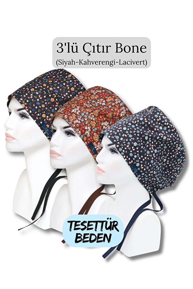 Hijab Size 3-Piece Crispy Bonnet Black Crispy Brown Crispy Navy Blue Crispy Flowers Surgical Bonnet