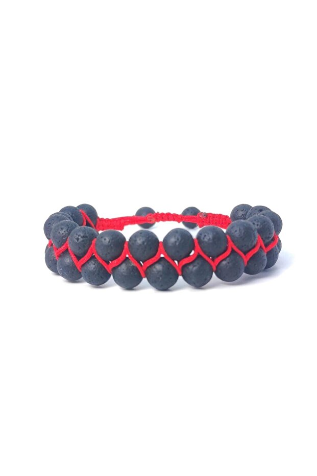 Lava Stone Double Row Knitted Bracelet 8 Mm (Red String)