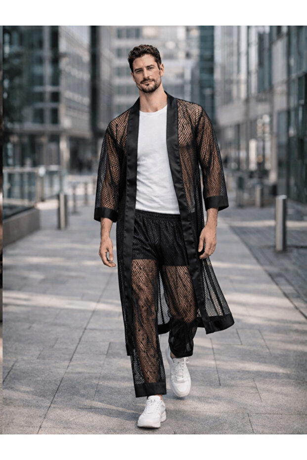 Men's Kimono Set - 3-Piece Mesh Set (Bathrobe + Pants + Shorts)