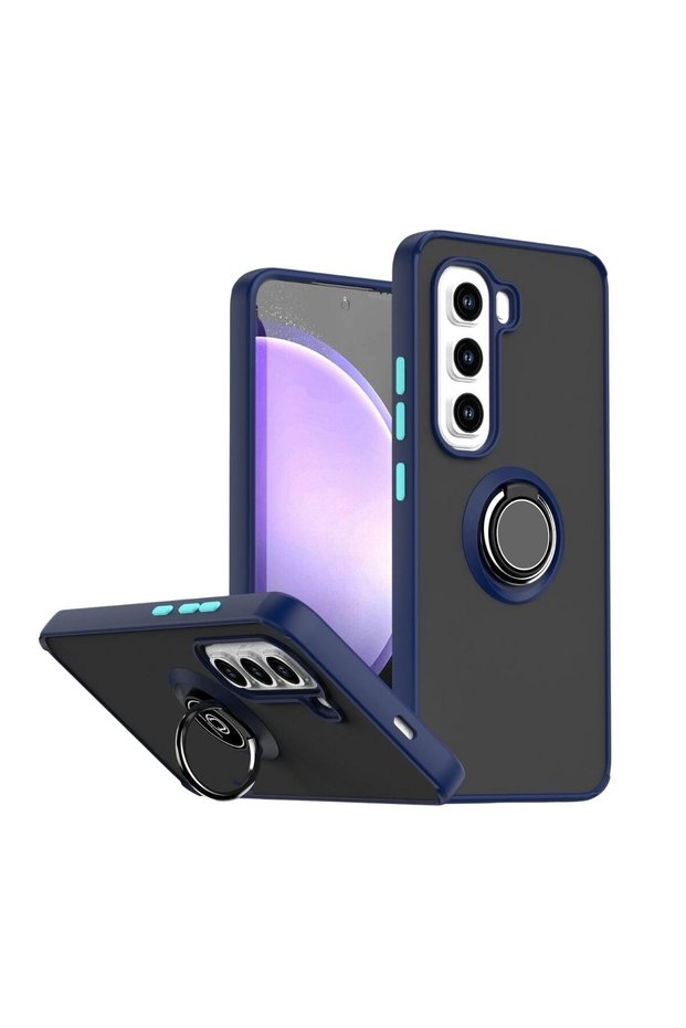 Infinix Hot 50 Compatible Case with Ring Stand Extra Shock Protection Hard Silicone Cover - Navy Blue