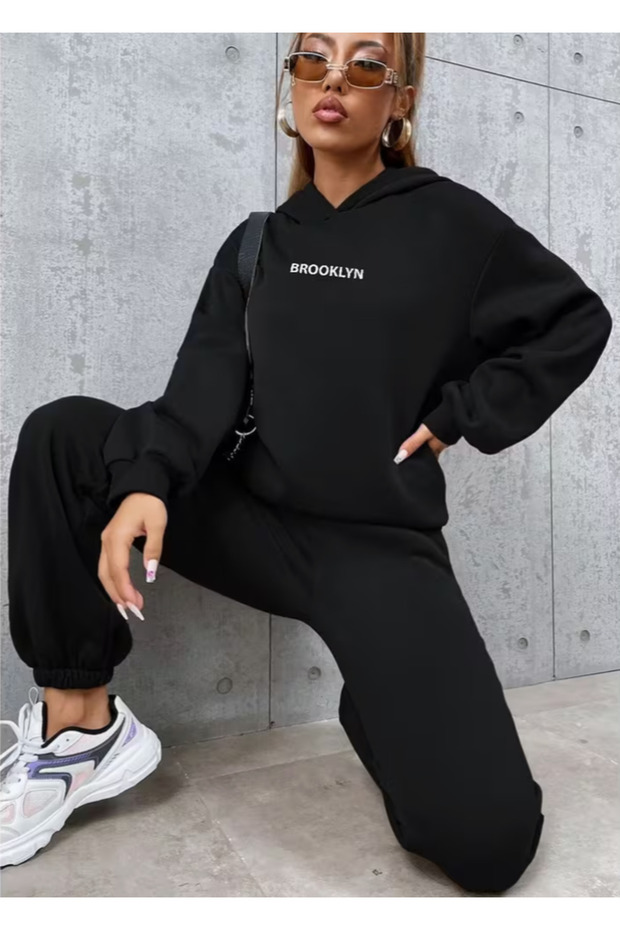 Brooklyn Printed Bottom and Top Black Oversized Women's Tracksuit Set of 2