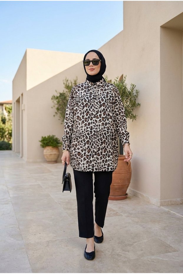 تونيك نسائي مريح بنقشة الفهد مناسب للحجاب