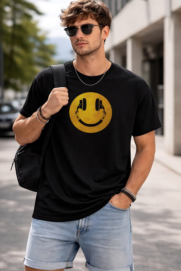Smile Headphones Printed Unisex Oversize T-Shirt – Modern Emoji Graphic Design Casual T-Shirt
