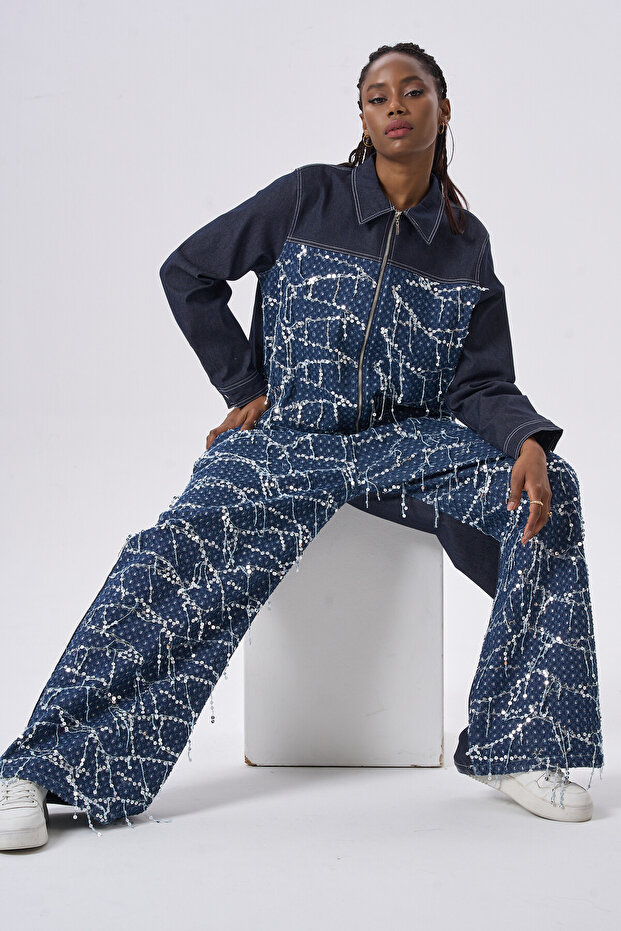 Sequined and Beaded Denim Set - 3