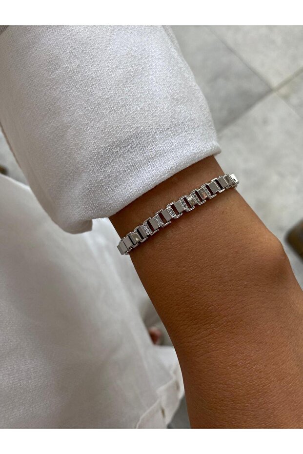 Asymmetrical Square Stone Detailed Geçme Xp Silver Bracelet