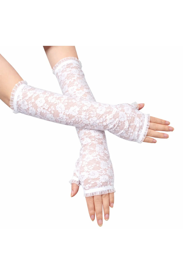 Long Elegant Lace Gloves Fingerless White 35 cm