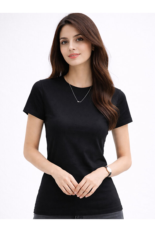 Women's Black Crew Neck Slim Fit T-Shirt Stretchy Lycra 100% Cotton Summer