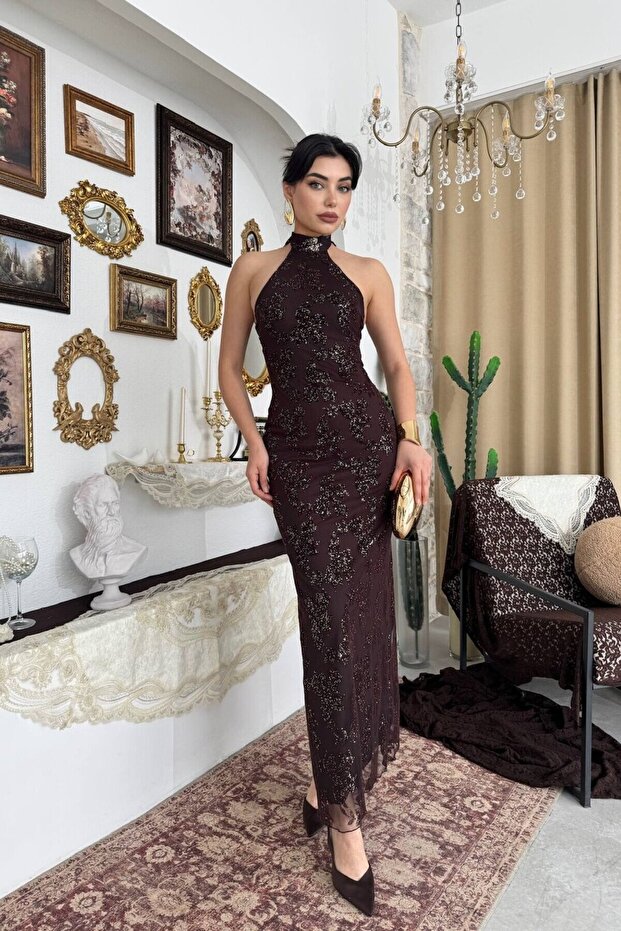 Boyun Bağlamalı Desenli Elbise - 1