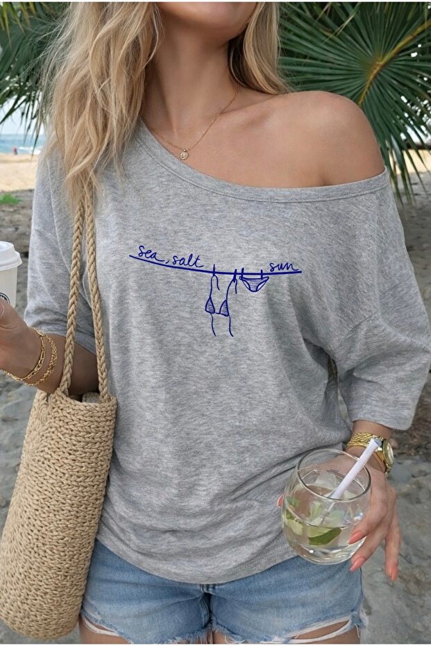 See Salt Sum Printed Oversized Women's Boat Neck T-Shirt
