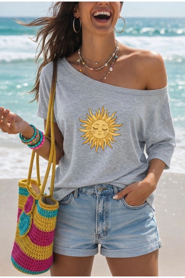 Sun Printed Oversized Women's Boat Neck T-Shirt