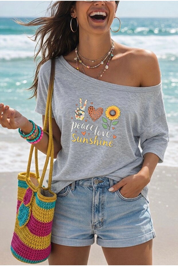 Peace Love Sunshine Printed Oversized Women's Boat Neck T-Shirt