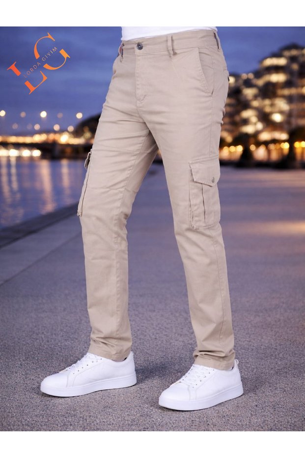 Men's Denim Pants with Cargo Pockets Lycra High Waist Zippered Beige