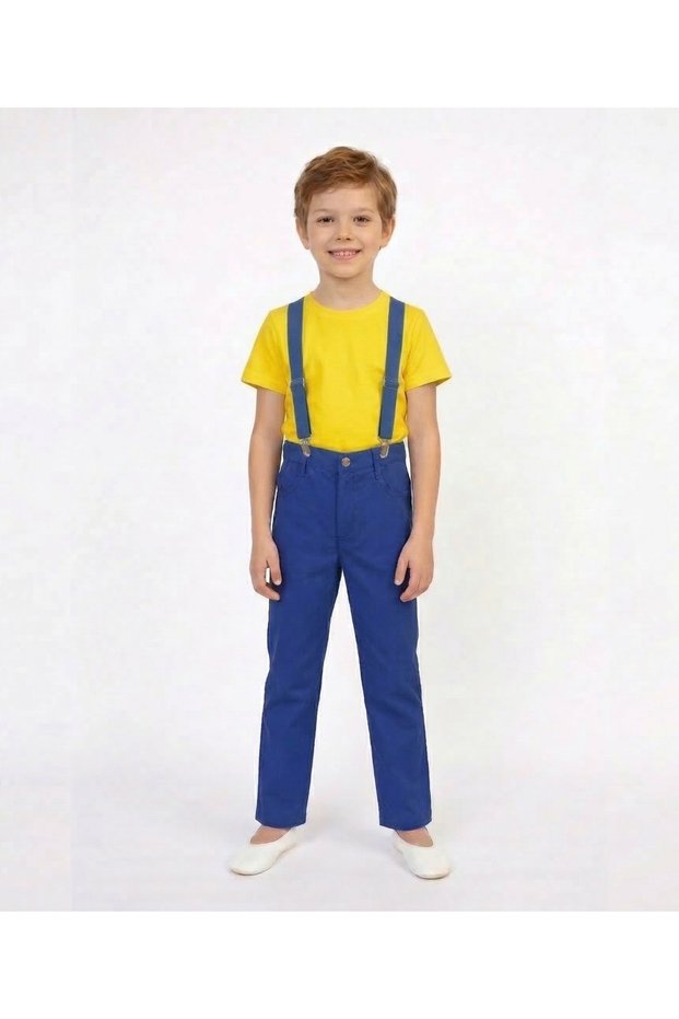 Boy's 23 April 29 October Outfit Yellow Round Neck T-Shirt-Sax Blue Pants-Sax Blue Suspender Set
