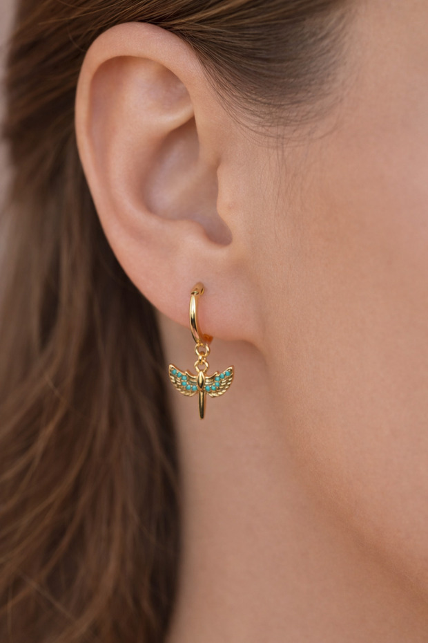 Mikail Angel Figured Hoop Earrings – Minimal Earrings with Turquoise Stones, Zircon Detail, Luck & Protection Symbol