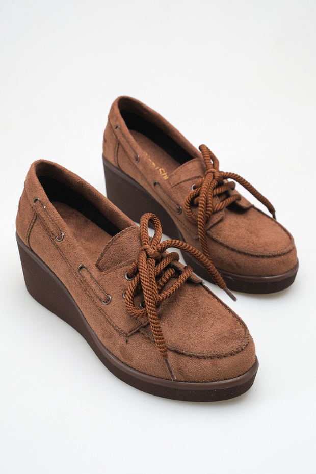 Brown Wedge Heel Daily Lace-Up Ballerina Shoes