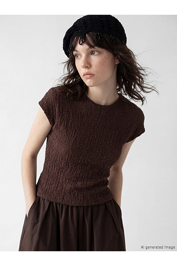 Original Oval Collar Ruffled Textured Blouse