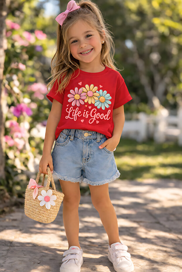 Life Is Good Printed Unisex Kids' T-Shirt – Floral Pattern Casual T-Shirt