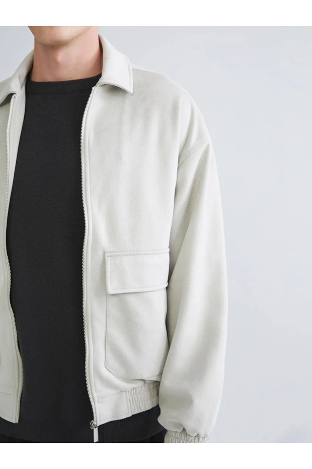 Beige Comfortable Fit Suede Men's Coat