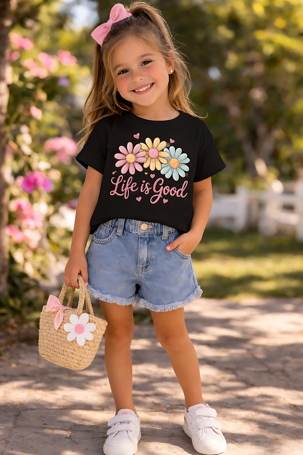 Life Is Good Printed Unisex Kids' T-Shirt – Floral Pattern Casual T-Shirt