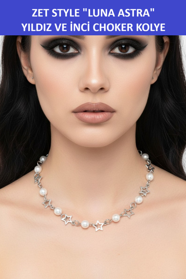 Zet Style Luna Astra Choker Necklace – Gothic Mystical Women's Necklace with Star Figure and Pearl Detail